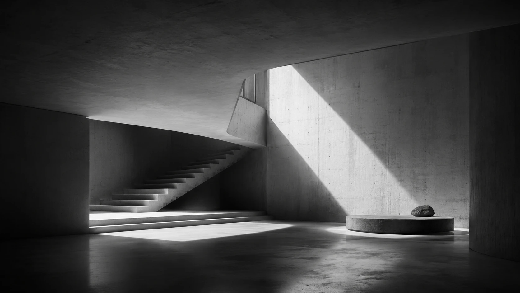 Schwarzweiße Betonhalle: eine freitragende Treppe, ein Lichtkeil auf der Wand, ein Stein auf einem runden Sockel