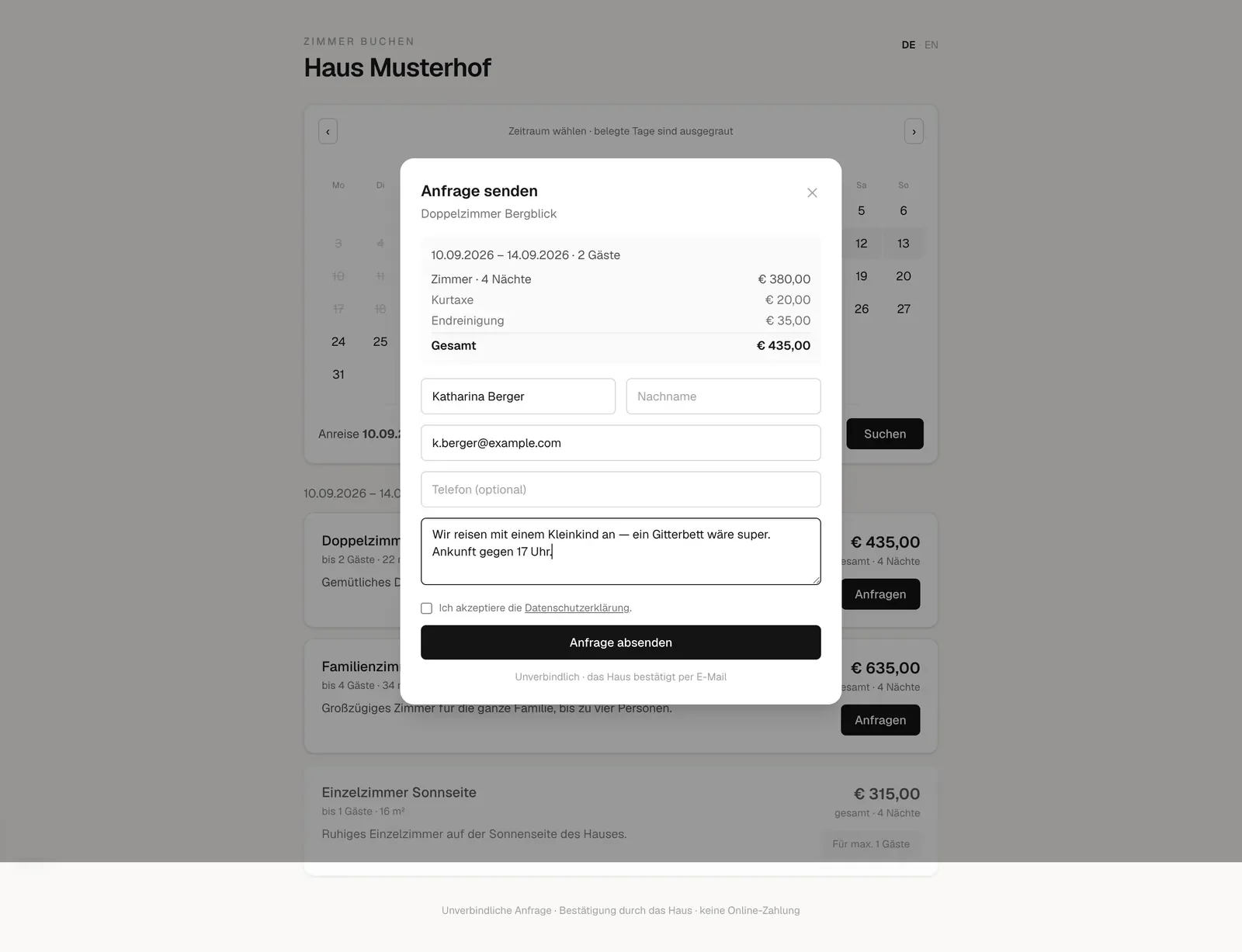 Aspectiv Booking — Gästeseite — Anfrage mit vollständiger Preisaufstellung. Die gezeigten Daten sind erfunden.