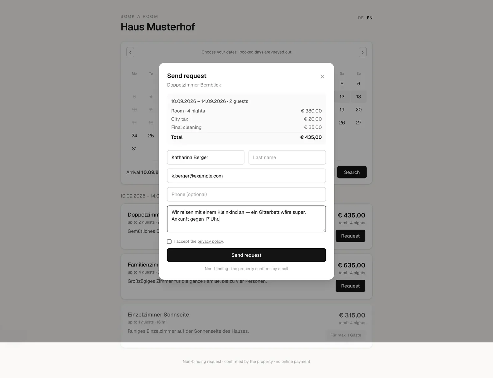 Aspectiv Booking — Dieselbe Gästeseite auf Englisch. Die gezeigten Daten sind erfunden.