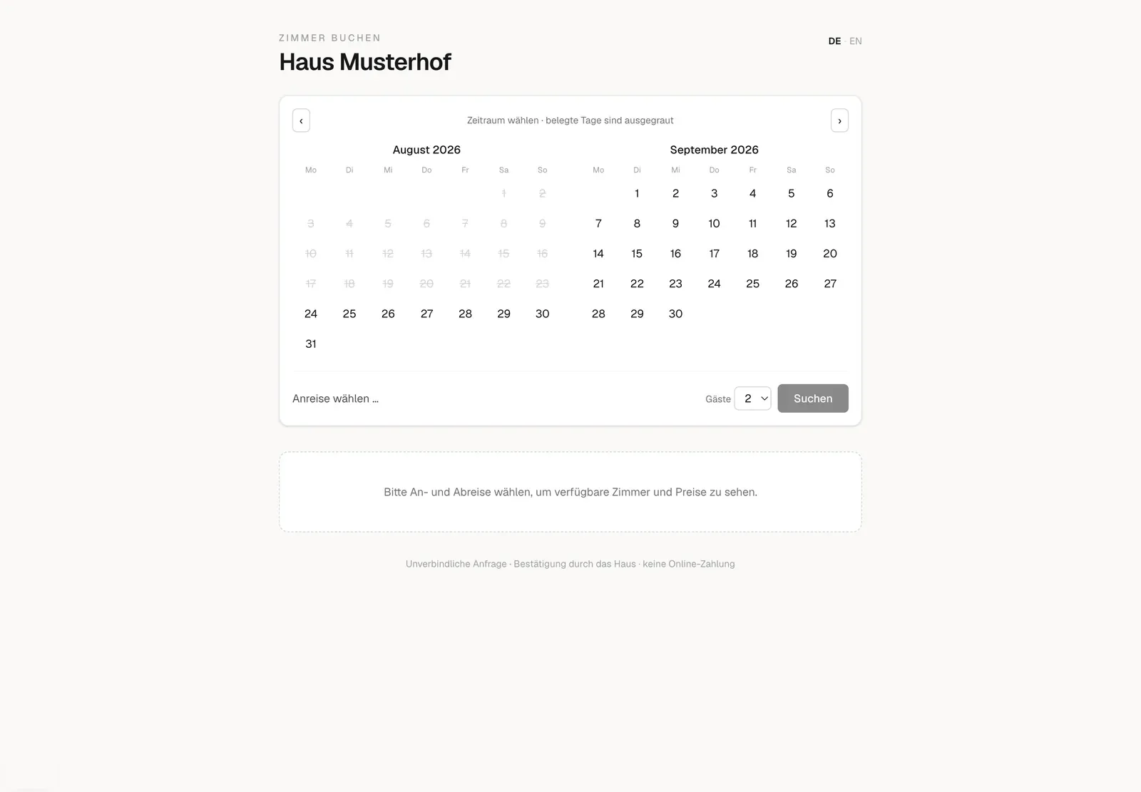 Aspectiv Booking — Gästeseite — Kalender über zwei Monate. Die gezeigten Daten sind erfunden.