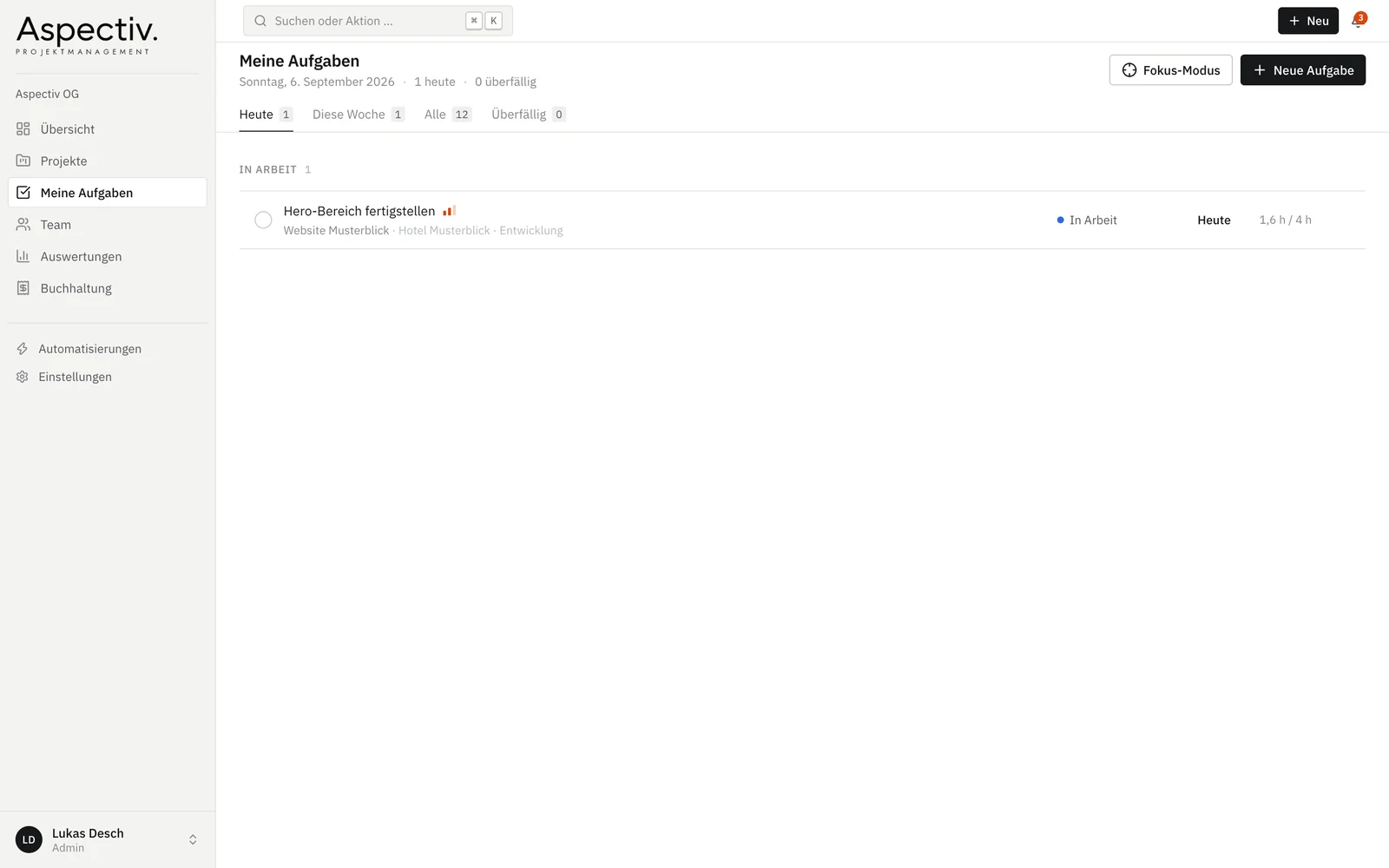 Aspectiv Projektmanagement — Meine Aufgaben — heute, diese Woche, alles, überfällig. Die gezeigten Daten sind erfunden.