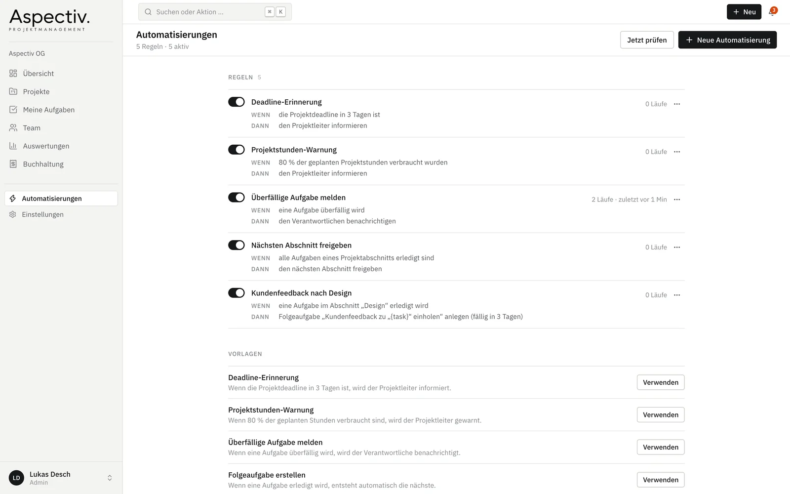 Aspectiv Projektmanagement — Automatisierungen — Regeln, Vorlagen und ihr Verlauf. Die gezeigten Daten sind erfunden.