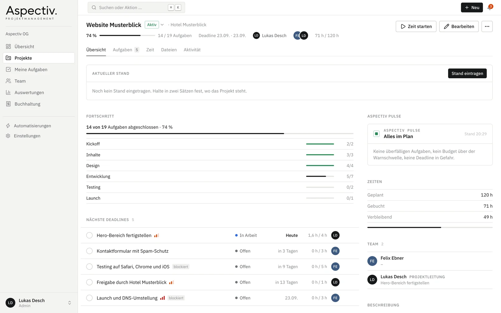 Aspectiv Projektmanagement — Projekt — Stand, Fortschritt je Abschnitt, Stunden. Die gezeigten Daten sind erfunden.